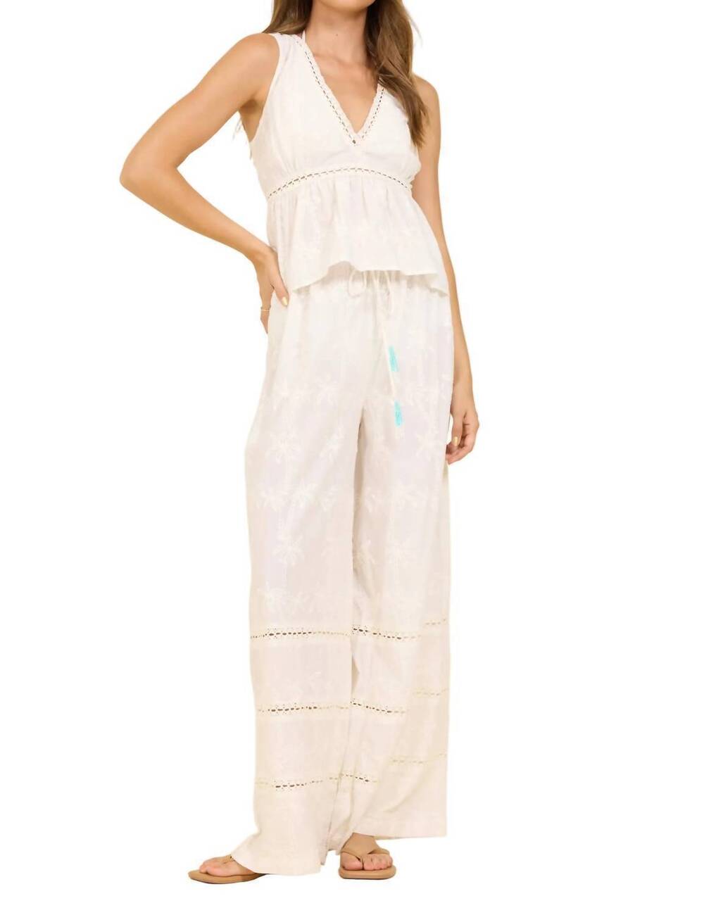 NEW VINTAGE HAVANA eyelet tie front top in white palm